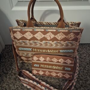Montana West Brown Patterned Tote Bag with Matching Crossbody Wallet